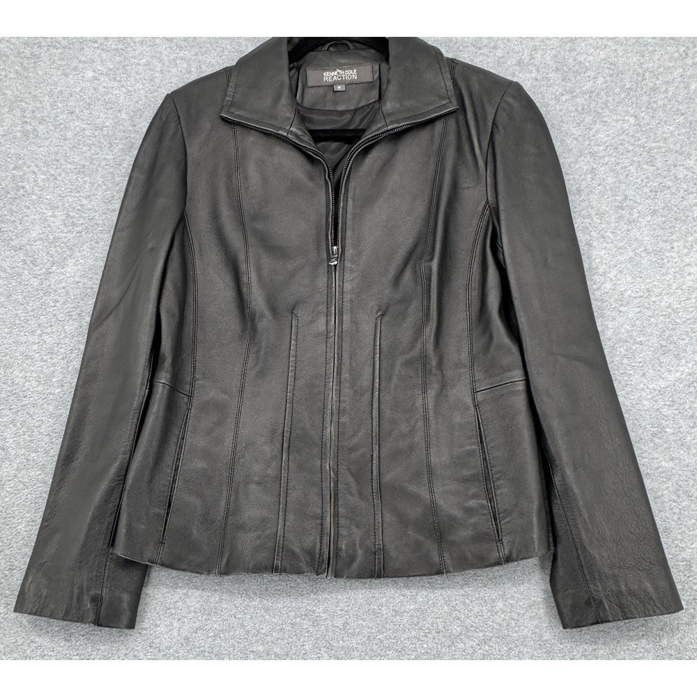 Kenneth Cole Reaction Black Leather Jacket‎ Womens Medium Zip Front Moto Style